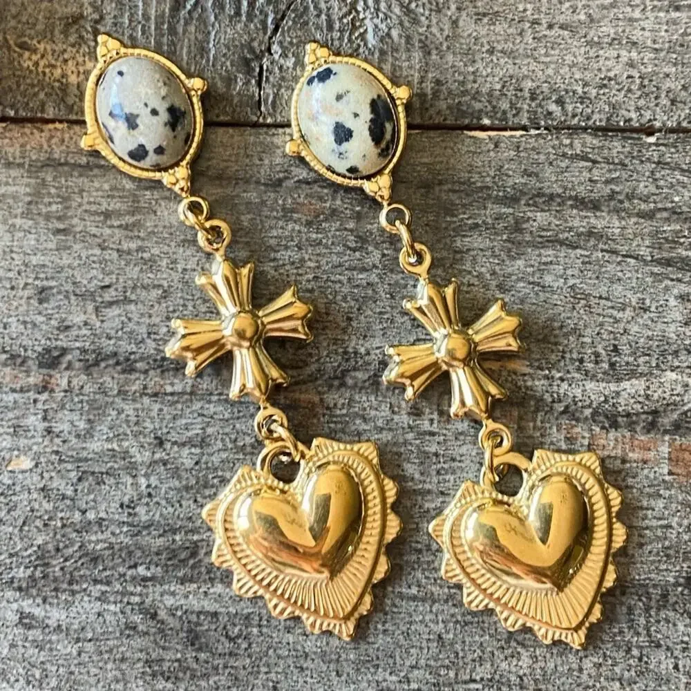 NEW Gold Cross Dalmatian Jasper Heart Dangle Earrings